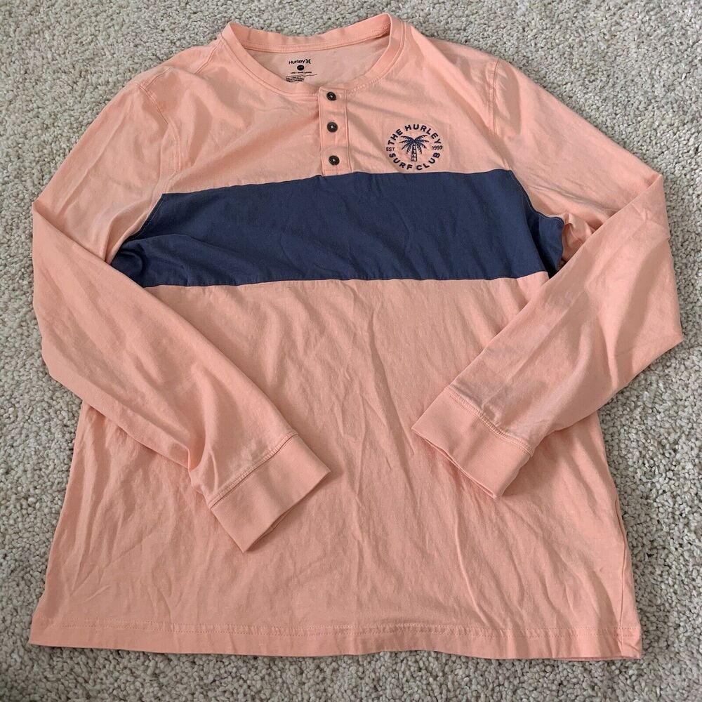 Hurley T-Shirt Mens Size Large Long Sleeve Henley Peach SURF CLUB Cotton - Picture 3 of 7